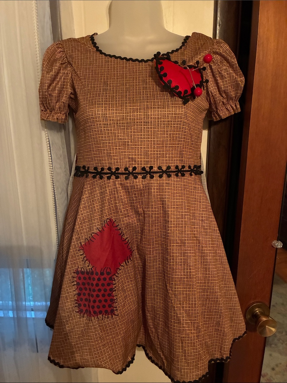 Brown Patchwork A-Line Kids Dress with Red Accents
